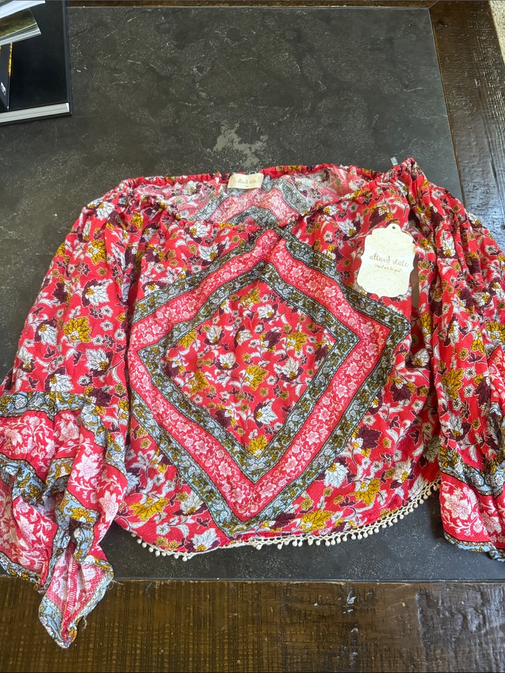 Altar'd State Red Floral Off-Shoulder Tunic with Frayed Trim Medium NWT
